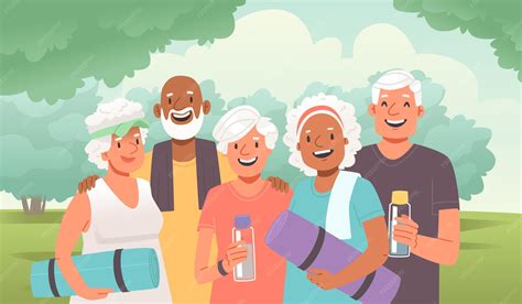 Ilustración de un grupo de adultos mayores disfrutando de actividades recreativas al aire libre