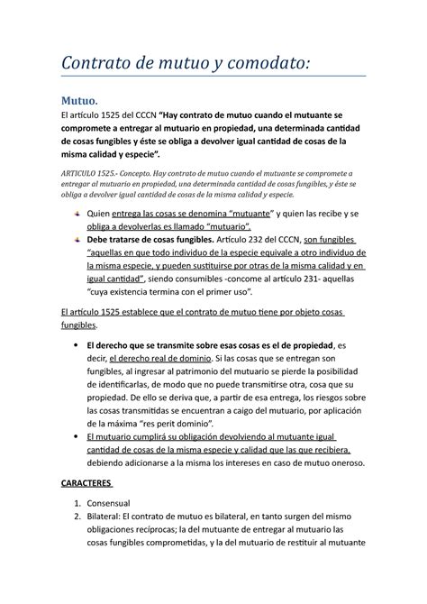 Esquema comparativo entre contrato de mutuo y contrato de comodato
