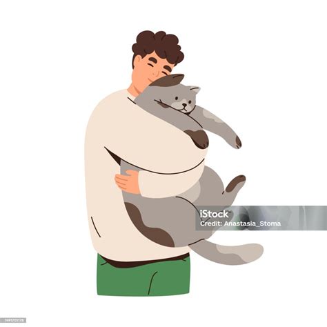 Ilustración de un hombre mayor abrazando a un gato adulto en un sofá, mostrando afecto.