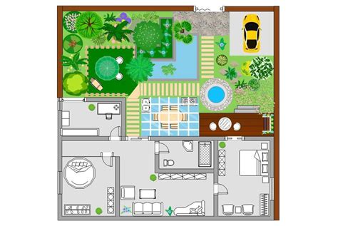 Planos arquitectónicos que muestran la integración de jardines y patios en una residencia