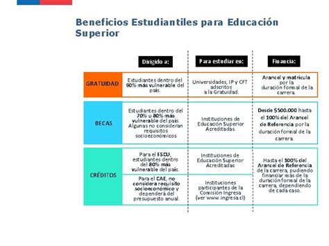 Esquema o infografía sobre los principales beneficios estudiantiles en Chile (Gratuidad, CAE, TNE)