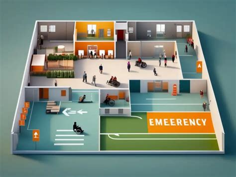 Esquema de un hospital moderno con rutas accesibles y señalización