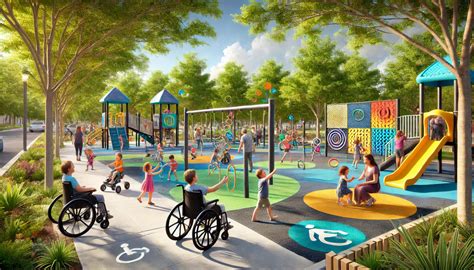 Esquema de un parque infantil inclusivo con diferentes zonas y elementos accesibles