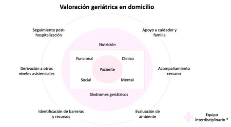 Diagrama que ilustra los componentes de una valoración geriátrica integral, destacando salud, funcionalidad, estado mental y situación social.