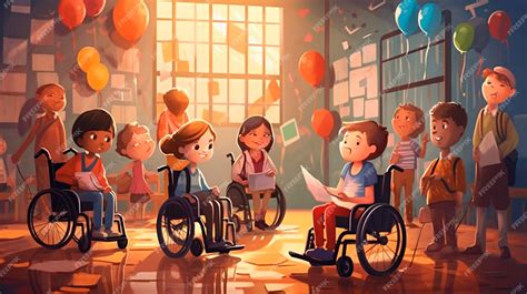 Ilustración de niños con y sin discapacidad interactuando en un entorno inclusivo