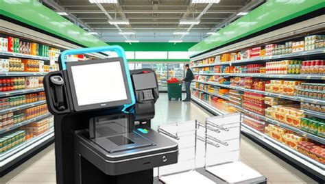 Fotografía de una persona utilizando una máquina de autoservicio en un supermercado para pagos