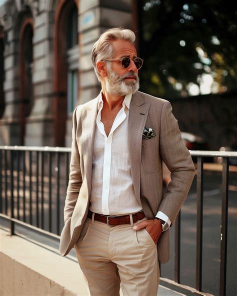 hombre mayor elegante con pantalón beige y camisa, sonriendo