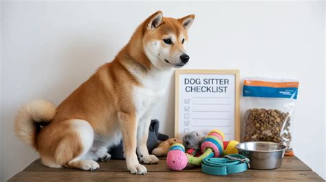 Un Shiba Inu sentado junto a una lista de verificación para cuidadores de perros con varios artículos de cuidado de mascotas