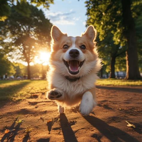 Perro feliz corriendo en un campo abierto, con un cuidador en el fondo