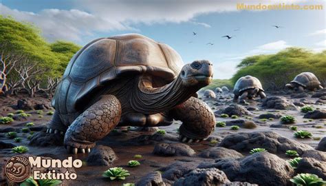 Representación artística de la isla Pinta con tortugas gigantes.