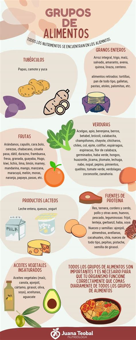 Infografía sobre los grupos de alimentos esenciales para una dieta saludable