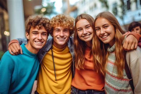 Foto de una adolescente feliz con amigos