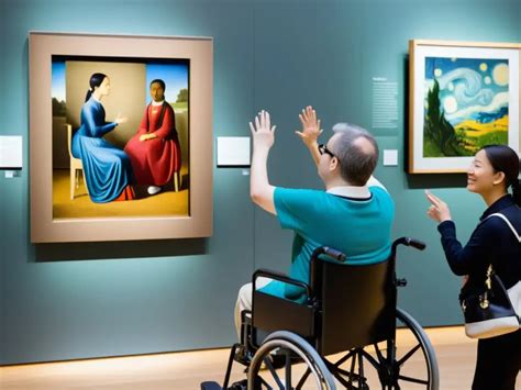 Exposición de arte inclusivo con personas observando obras y leyendo descripciones en braille o con lupa