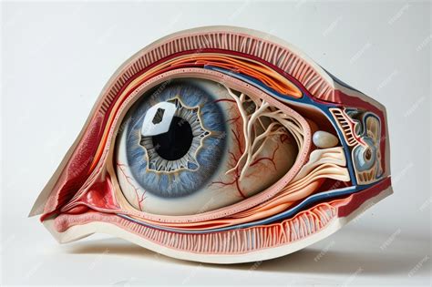 Diagrama de ojo humano y puntos de examen ocular, con un oftalmólogo examinando