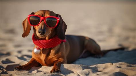 Foto de un perro salchicha jugando en la playa con otros perros