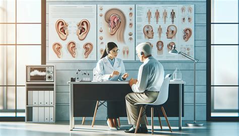 Ilustración representando la rehabilitación auditiva, con elementos como audífonos y terapias de lenguaje.