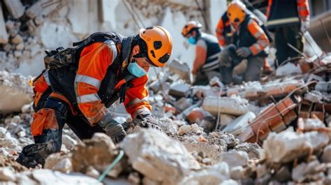 Equipo de rescate trabajando en escombros de edificio colapsado