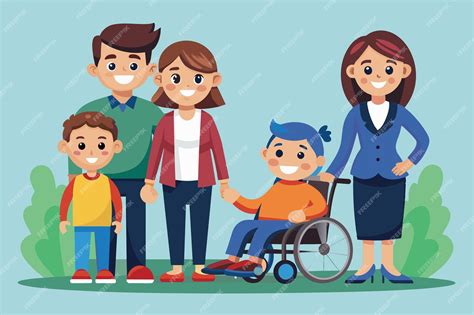 Ilustración de una familia y profesionales apoyando a una persona con discapacidad