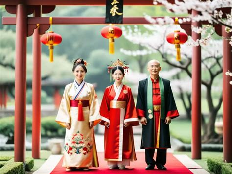 Pareja gay mayor china con atuendos de matrimonio