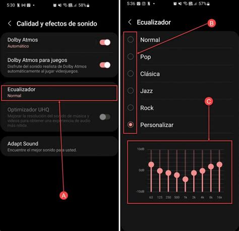 Interfaz de ajustes de sonido en Android con la opción de sonido de carga resaltada