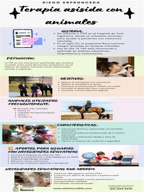 Infografía comparativa de diferentes tipos de terapia asistida con animales (perros, caballos, delfines), mostrando sus beneficios específicos.