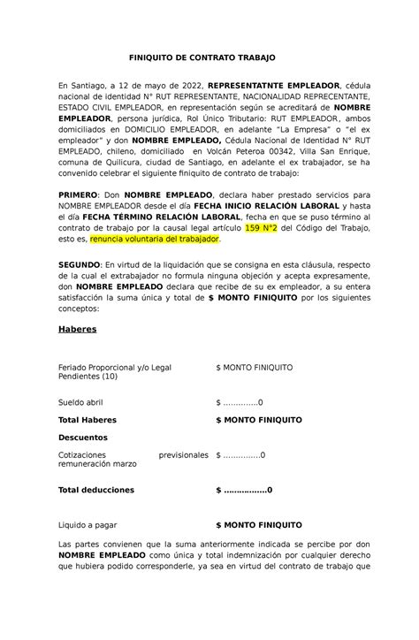 Imagen de documento de finiquito o contrato de trabajo