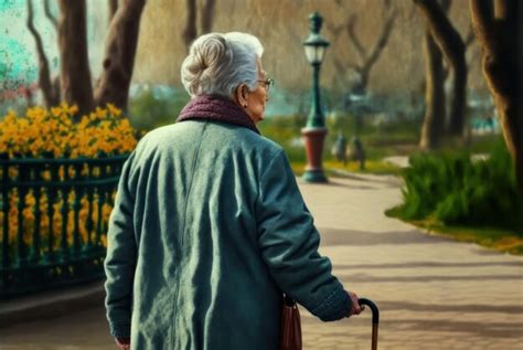 Mujer mayor caminando con un bastón en un parque