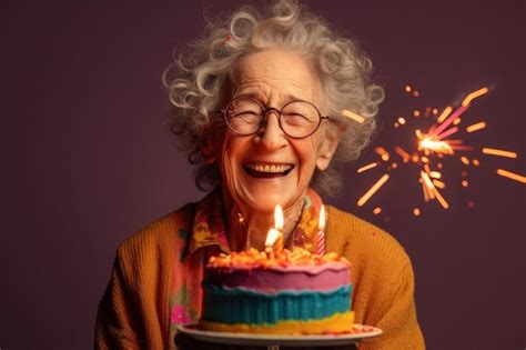 Mujer adulta mayor sonriendo y mirando un pastel de cumpleaños