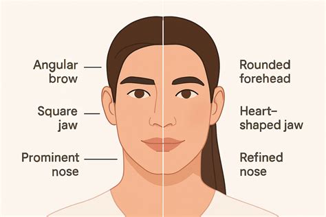Comparación de los rasgos faciales masculinos y femeninos adultos, enfatizando las diferencias de mandíbula y cejas.