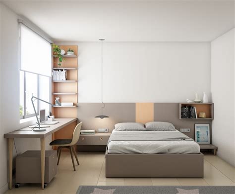 Ilustración de una habitación de arriendo amoblada con cama, escritorio y closet.