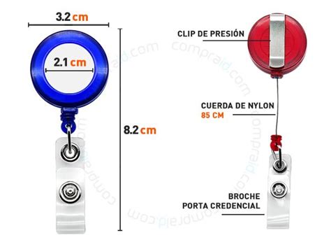 Esquema de las partes de un porta credencial retráctil yoyo con sus dimensiones (diámetro, largo del cordón)