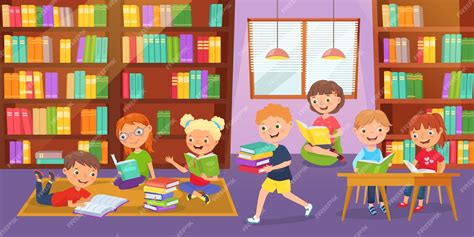 Foto de una biblioteca escolar bien organizada con niños leyendo