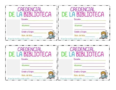 Ejemplo de credencial de biblioteca escolar con espacios para colorear