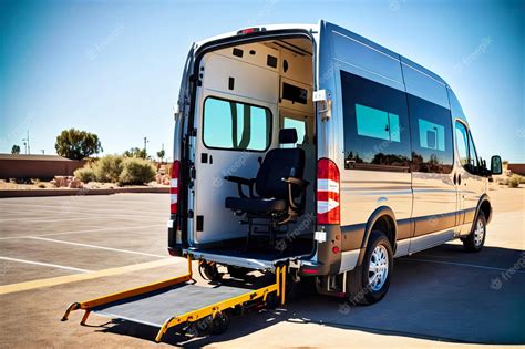 Un furgón blanco moderno adaptado para el transporte de personas con discapacidad o adultos mayores, mostrando una rampa hidráulica o elevador lateral para sillas de ruedas.