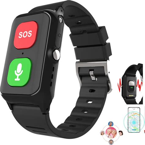 Diseño moderno de un reloj inteligente para personas mayores con pantalla táctil y botón SOS visible.
