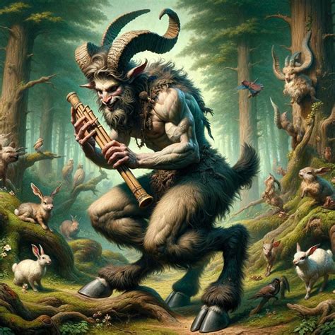 Representación del dios Fauno con patas de cabra y flauta