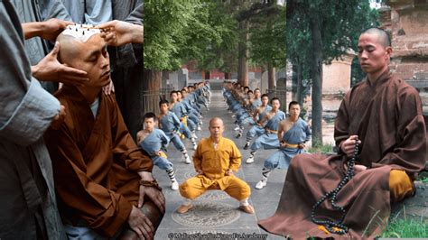 Foto: Monjes Shaolin meditando en un patio del templo al amanecer