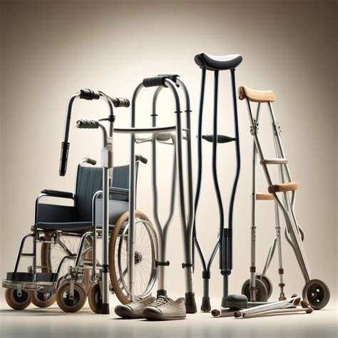 Ilustración de diversas ayudas técnicas como sillas de ruedas, prótesis y audífonos.