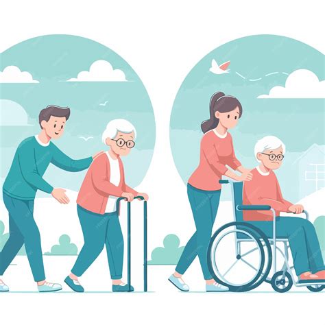 Ilustración de una persona mayor recibiendo ayuda de un cuidador en actividades cotidianas.