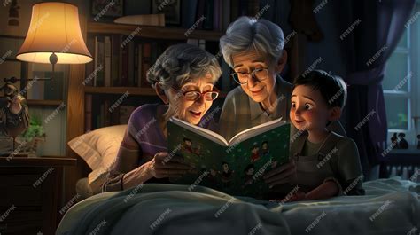 Abuelo leyendo un cuento a su nieto en el sofá