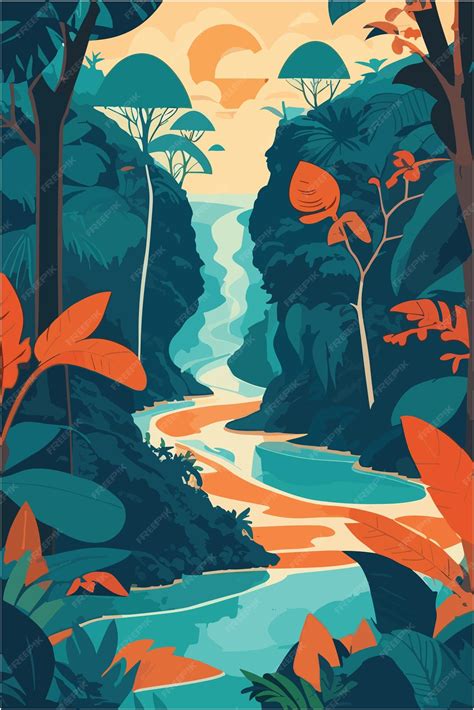 Ilustración de la selva amazónica con cazadores y la tigrilla acechando