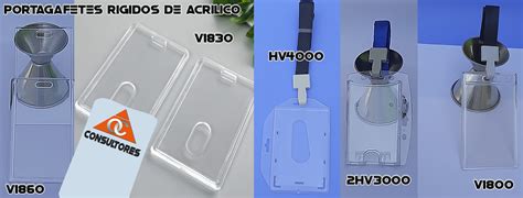 Diversos modelos de porta-credenciales, mostrando opciones de acrílico, PVC, rígidos, con yo-yo y diferentes tamaños
