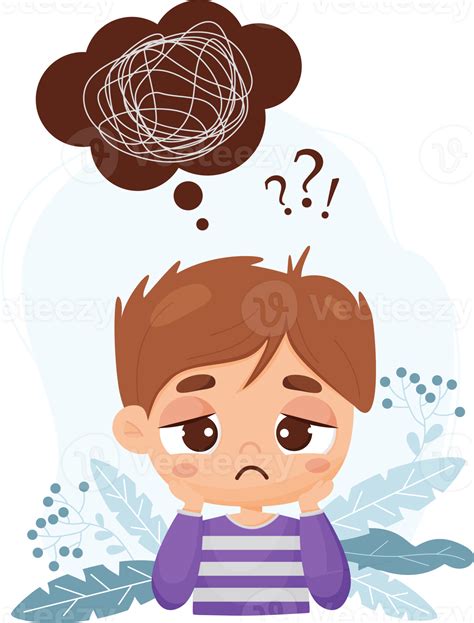 Ilustración de un niño pensativo o triste en un aula, con el texto