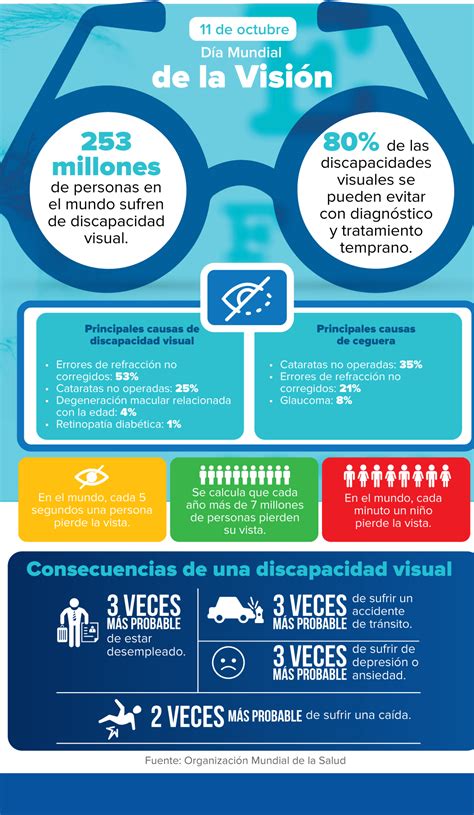 Infografía detallando las principales causas de la discapacidad visual, como cataratas, glaucoma, errores refractivos y degeneración macular.