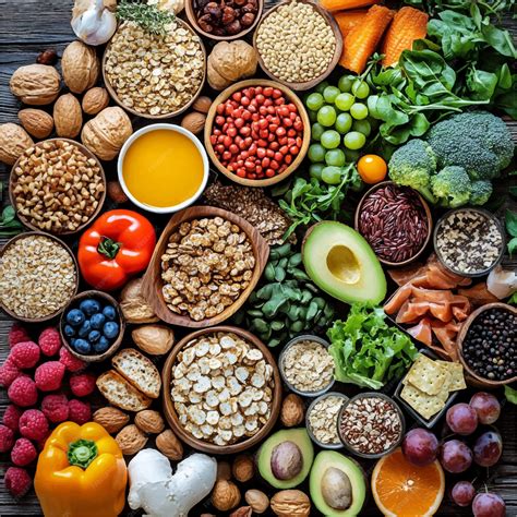 Foto de una variedad de alimentos ricos en fibra: frutas, verduras, legumbres y granos
