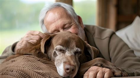 Perro anciano con piel sana, siendo acariciado por su dueño