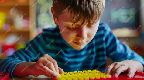 Foto de un niño con discapacidad visual leyendo un cuento en braille y con relieve