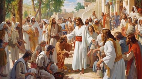 Ilustración de Jesús sanando a los enfermos o compartiendo con personas necesitadas