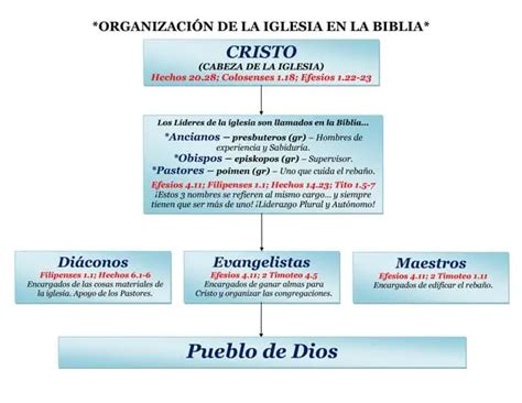 Esquema de la estructura de liderazgo en una iglesia cristiana con los roles de anciano, diácono y ministro