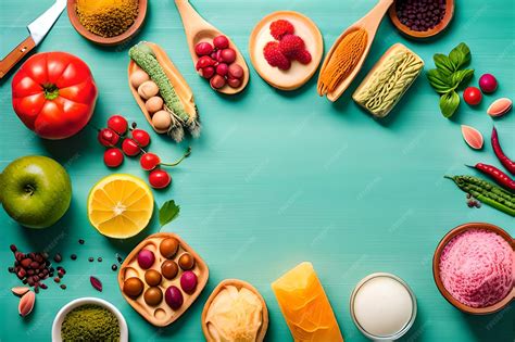 Mesa con diferentes alimentos saludables como frutas, verduras, lácteos y agua.
